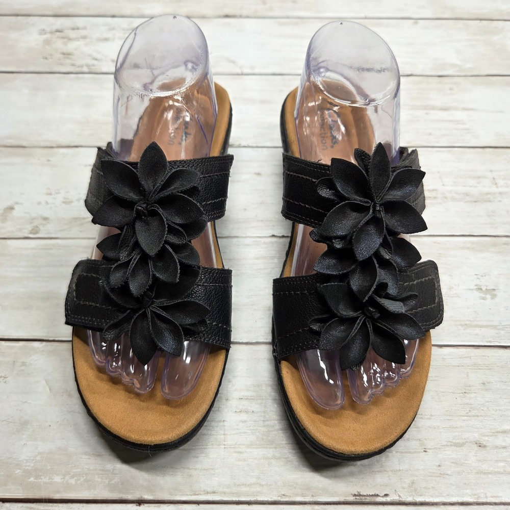Clarks Collection Leisa Vine Floral Slide Sandals Women 8.5M Black Leather Wedge